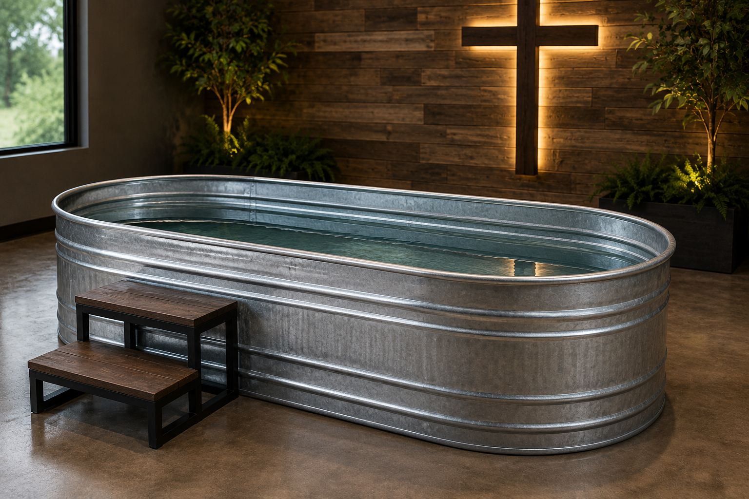 A metal baptismal filled with water, with a lit cross on the wall behind